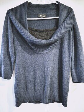 AB Studio Soft Knit Cowl Neck Sweater w/ Lace Accent Navy Blue M Medium